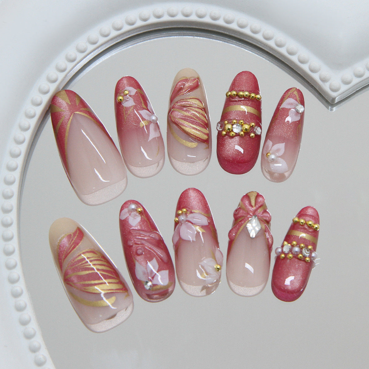 Elegant Blossoms Medium Almond Pink with Floral Accents and Gold Detailing Press On Nail Set