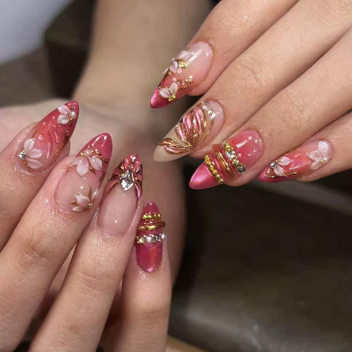 Blossom Elegance Medium Almond Pink Press On Nail Set with Floral Accents