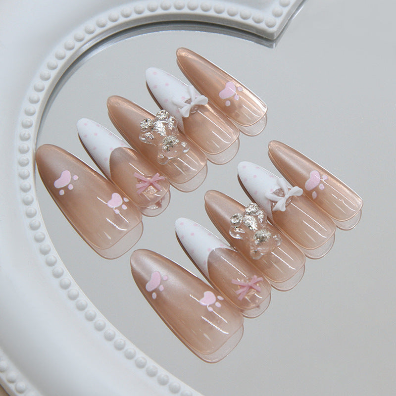 Whimsical Pet-Themed Long Almond Soft Pink Nail Set with Adorable Charms