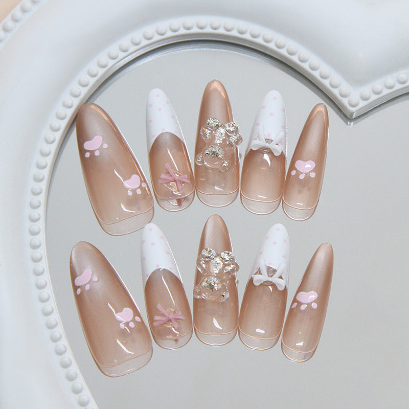 Charming Whimsical Long Almond Natural Pink Press On Nail Set with Glamorous Embellishments