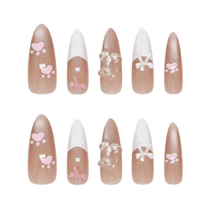 Sweet Romance Long Almond Beige Nail Set with Heart and Bow Accents