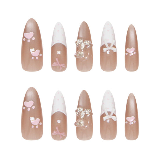 Sweet Romance Long Almond Beige Nail Set with Heart and Bow Accents