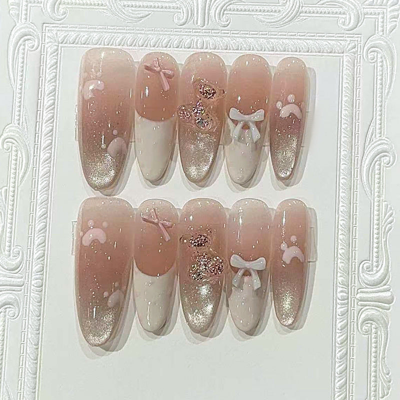 Charming Bows Medium Almond Blush Pink Glitter Press On Nail Set