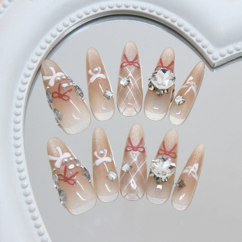 Enchanting Elegance Long Almond Pink Champagne with Dazzling Rhinestones