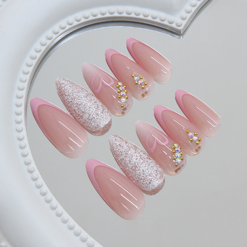 Glamorous Pink Medium Almond Press On Nail Set with Glittering Accent and Gem Details