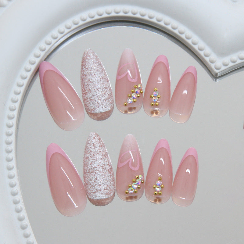 Romantic Blush Medium Almond Pink Press On Nail Set with Glamorous Glitter Accents