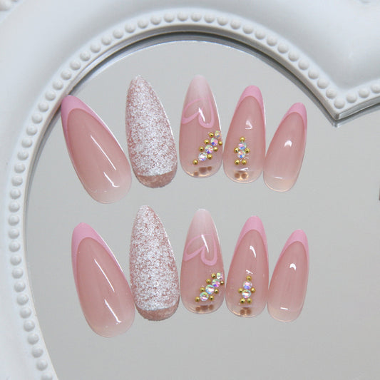 Romantic Blush Medium Almond Pink Press On Nail Set with Glamorous Glitter Accents