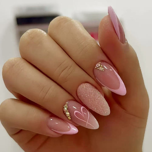 Romantic Pink Medium Almond with Glitter and Heart Detail Press On Nail Set