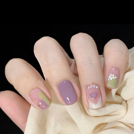 Spring Blossom Collection Short Round Pastel Press On Nail Set with Floral and Heart Accents