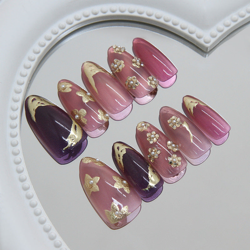 Elegant Blossom Medium Almond Pink Ombre with Floral Accents Press On Nail Set