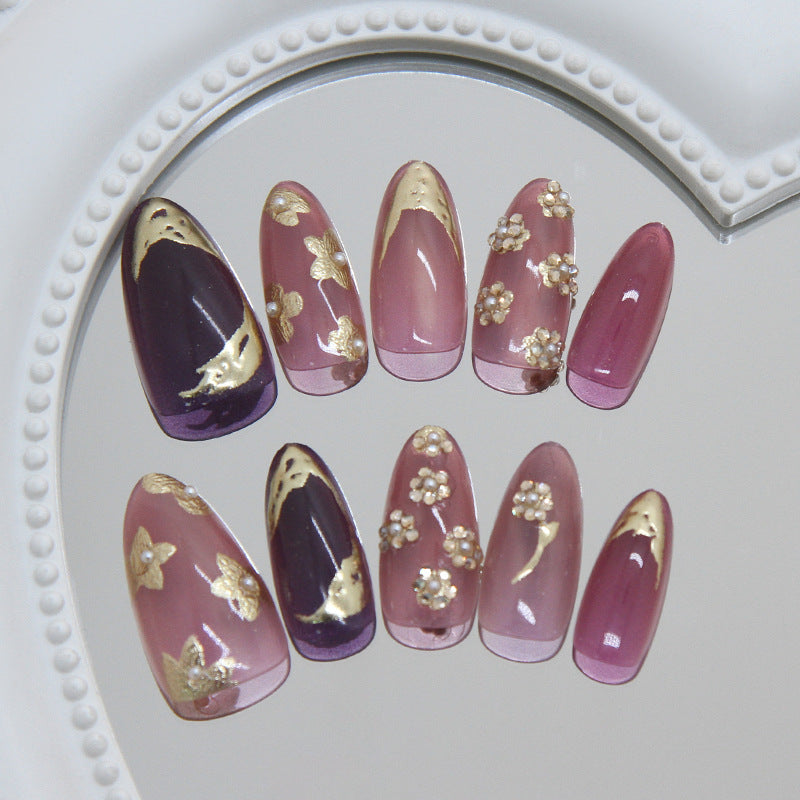 Whimsical Floral Medium Almond Pink and Purple with Gold Accents Press On Nail Set