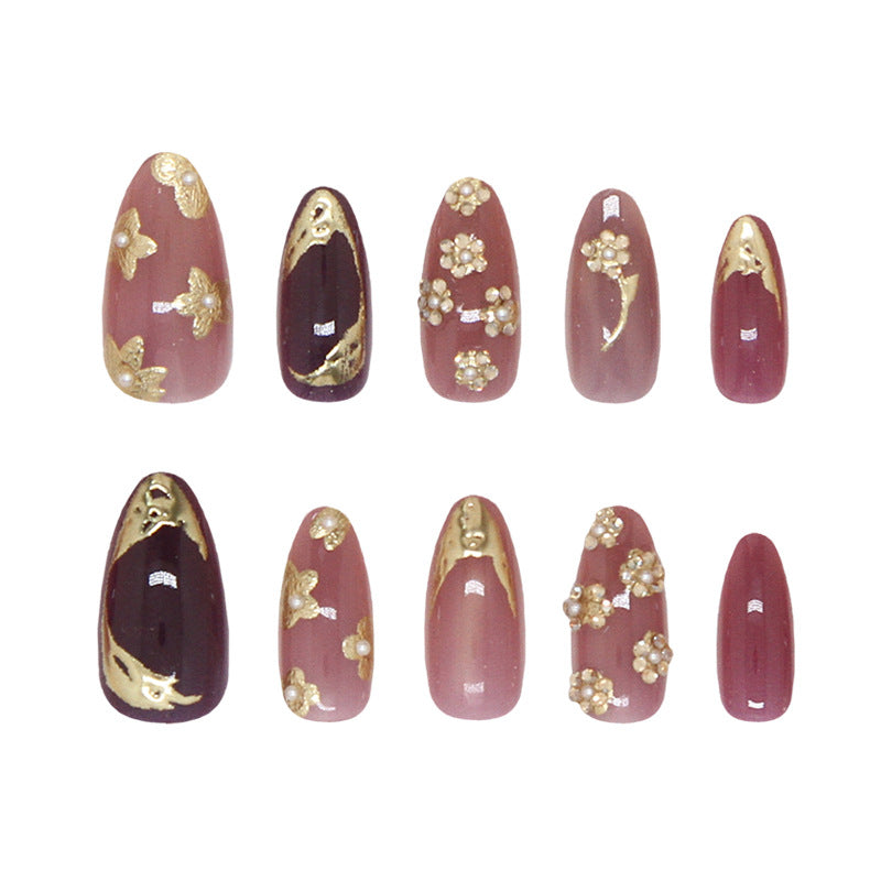 Elegant Floral Fantasy Medium Almond Rose Gold Accents Press on Nail Set