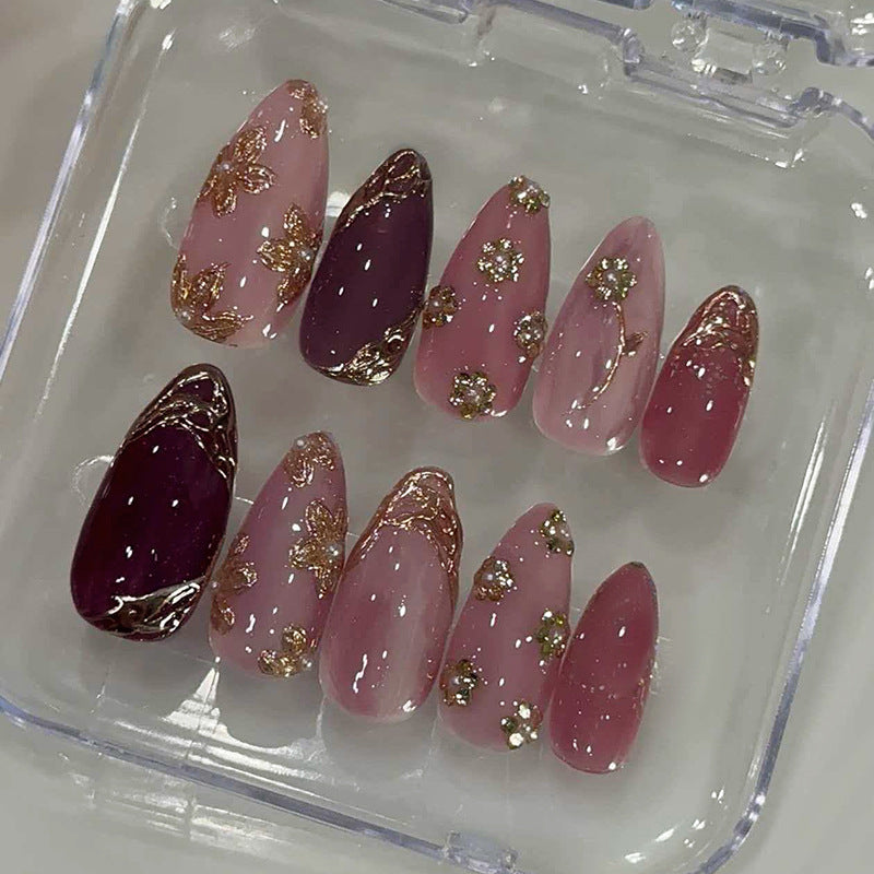 Blossom Elegance Medium Almond Pink with Gold Floral Accents Press on Nail Set