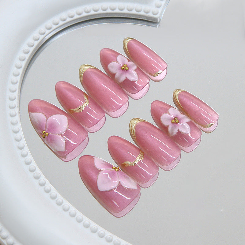 Blossom Elegance Medium Almond Pink with Floral Embellishments Press On Nail Set