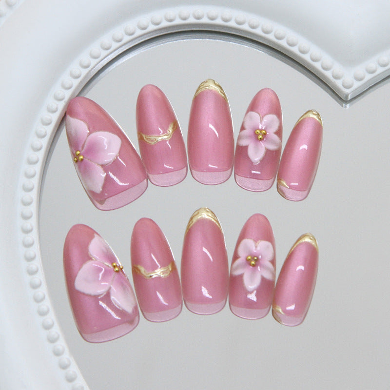 Blossom Elegance Medium Almond Pink Press On Nail Set with Floral Accents and Gold Trim