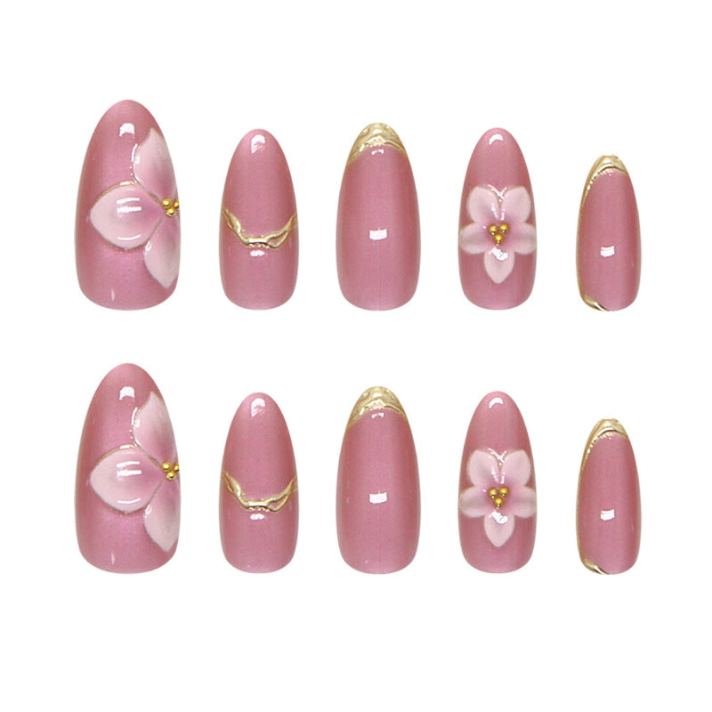Blossom Elegance Medium Almond Pink Press on Nail Set with Floral Accents