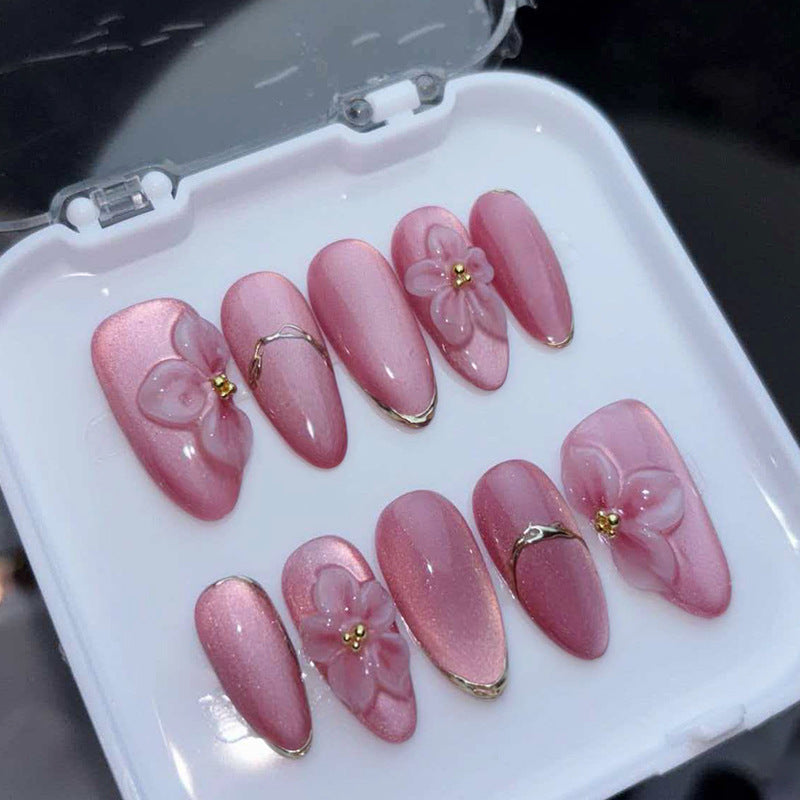 Floral Elegance Medium Almond Pink Press On Nail Set with Embellished Flower Design