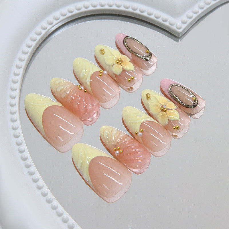 Charming Floral Delight Medium Almond Yellow and Pink with Embellished Details Press on Nail Set