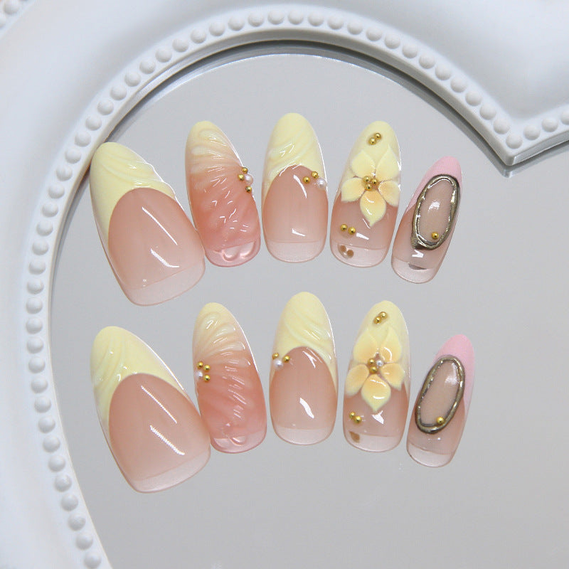 Whimsical Floral Medium Almond Light Pink with Elegant Embellishments Press on Nail Set