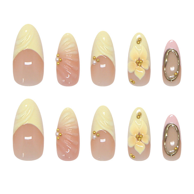 Elegant Floral Design Medium Almond Pink Gradient with Embellished Accents Press On Nail Set