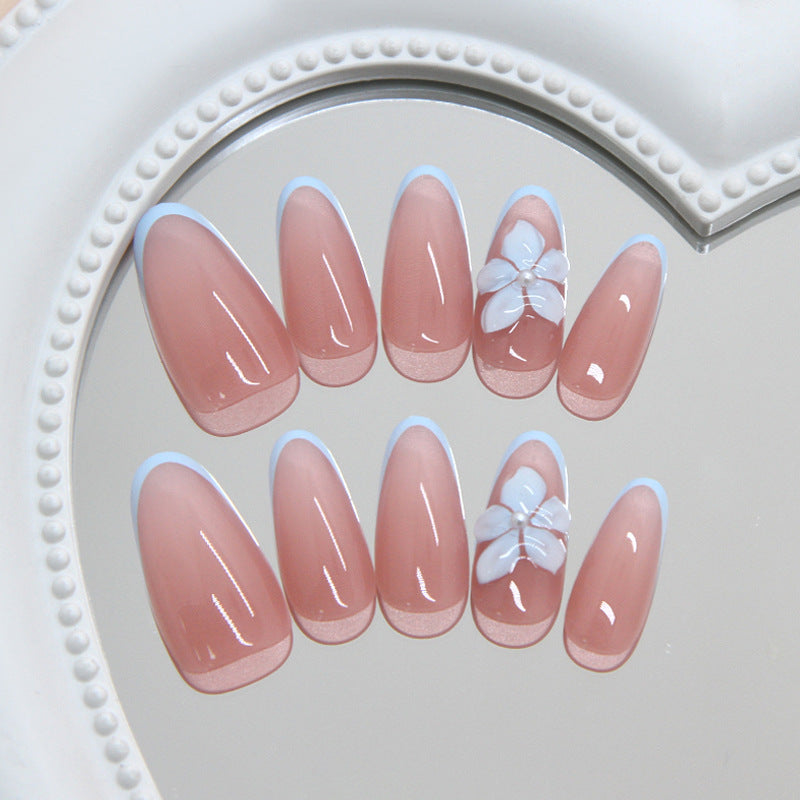 Blooming Elegance Medium Almond Peachy Press On Nail Set with Charming Floral Accent