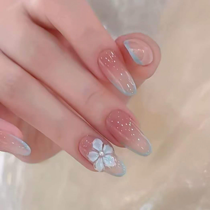 Blossoming Dream Medium Oval Blue Ombre with Floral Accent Press On Nail Set