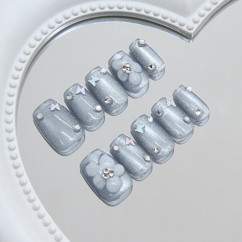 Celestial Glam Short Square Gray with Sparkling Star Design Press on Nail Set