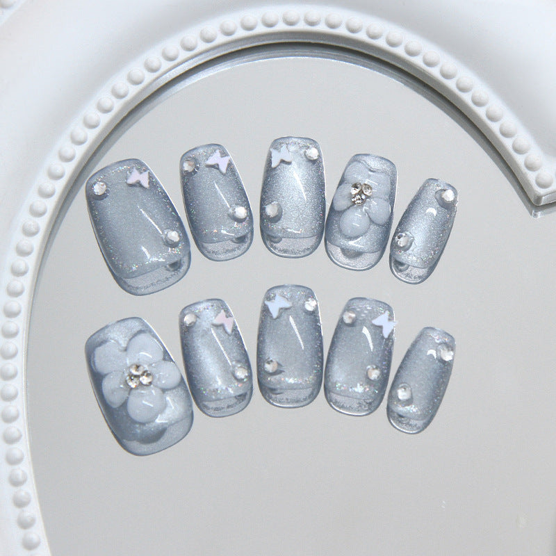 Charming Fairy Dream Short Square Silver Glitter with Floral Embellishments Press On Nail Set