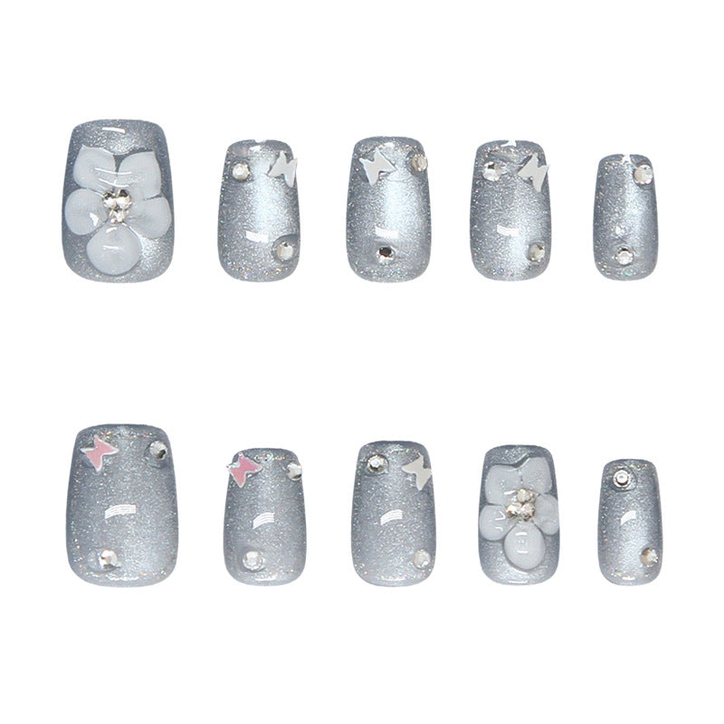 Celestial Glam Short Square Silver Glitter Press On Nail Set with Floral and Star Accents