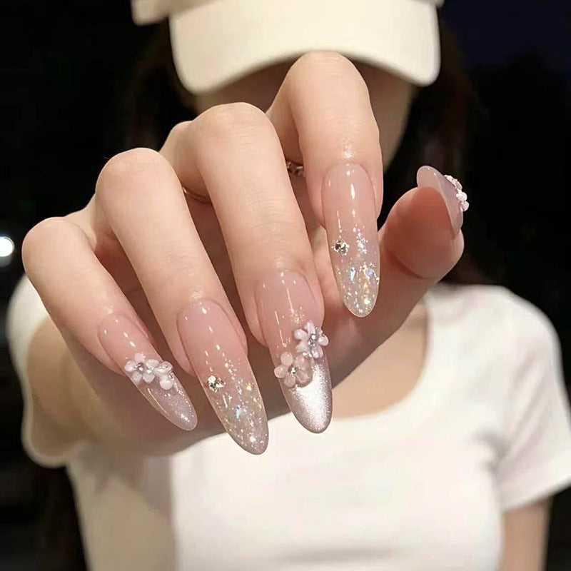 Whimsical Elegance Long Almond Pink Glitter Press On Nail Set with Floral Accents