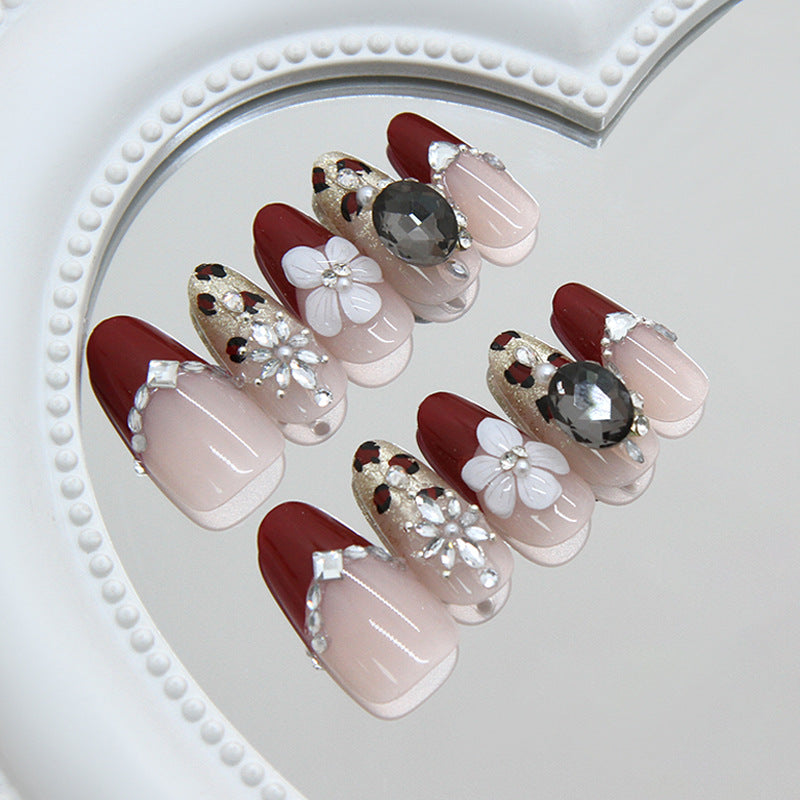 Glamorous Long Almond Burgundy and Floral Design Press On Nail Set