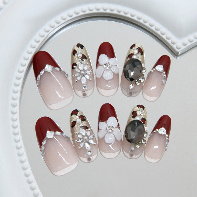 Elegant Floral Design Long Almond Red Gradient with Gem Accents Press on Nail Set