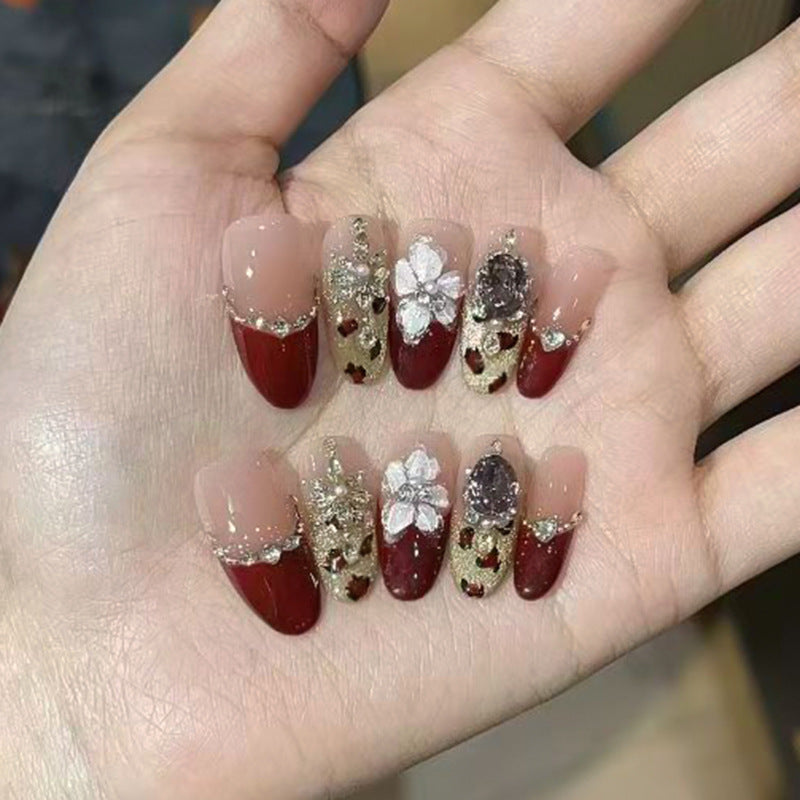 Elegant Autumn Vibes Long Almond Red with Gold Floral Accents Press On Nail Set