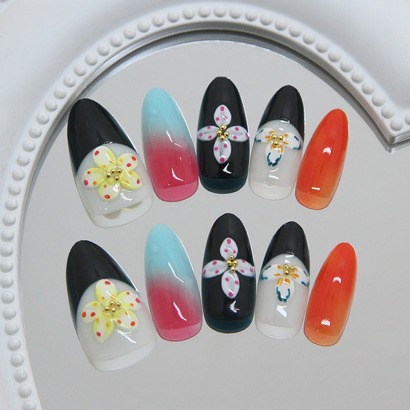 Floral Elegance Medium Almond Multi-Colored with Unique Flower Features Press On Nail Set