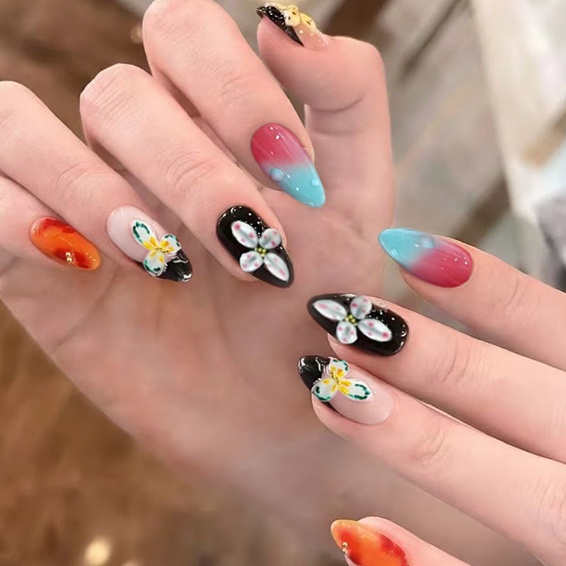 Enchanting Floral Fantasy Medium Almond Multicolor with Gemstone Accents Press-On Nail Set