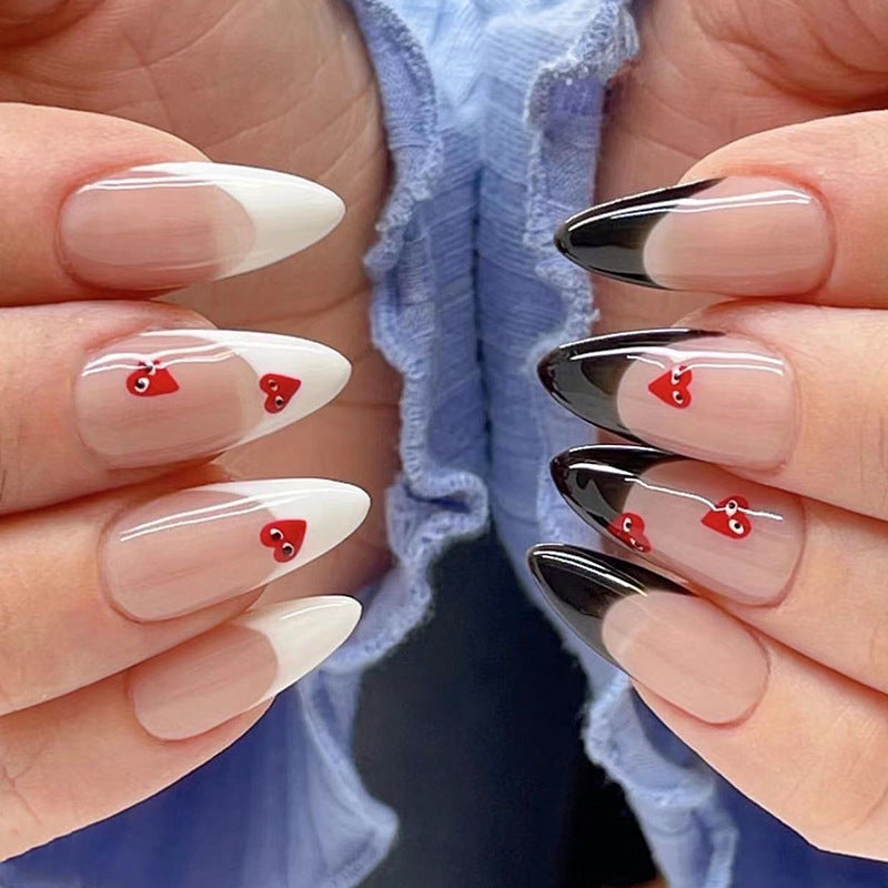Chic Romance Extra-Long Almond-Shaped Ombre Press On Nail Set with Red Heart Accents