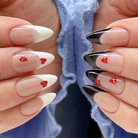 Chic Romance Extra-Long Almond-Shaped Ombre Press On Nail Set with Red Heart Accents