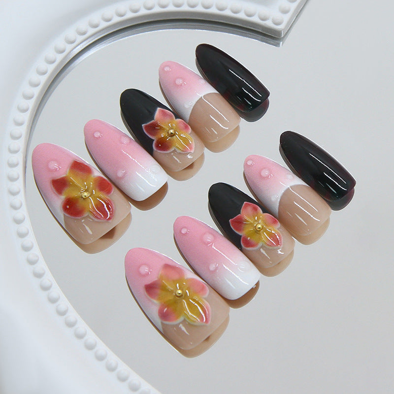 Floral Fantasy Medium Almond Pink and Black Press On Nail Set with Floral Accents