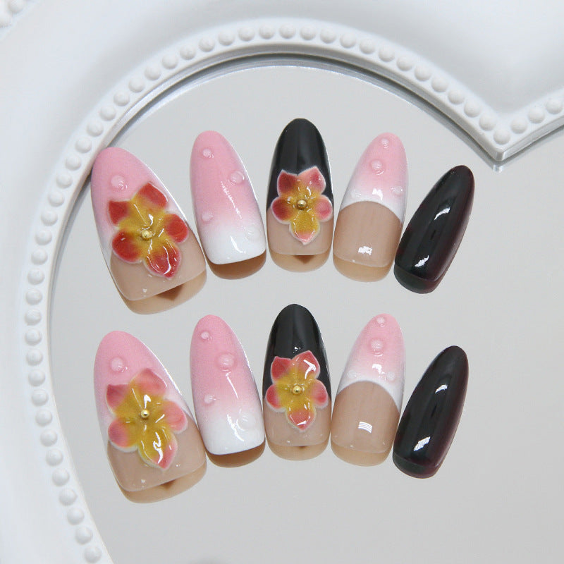 Floral Dream Medium Almond Pink and Black Press On Nail Set with Charming Flower Accents