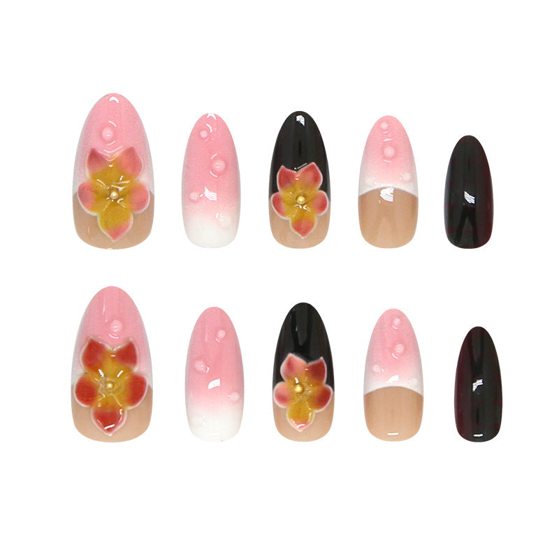 Blossom Elegance Medium Almond Pink and Black Floral Press on Nail Set