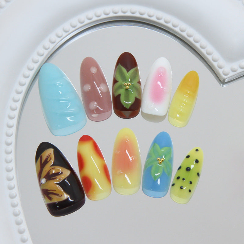 Tropical Vibes Medium Almond Colorful Floral Design Press On Nail Set