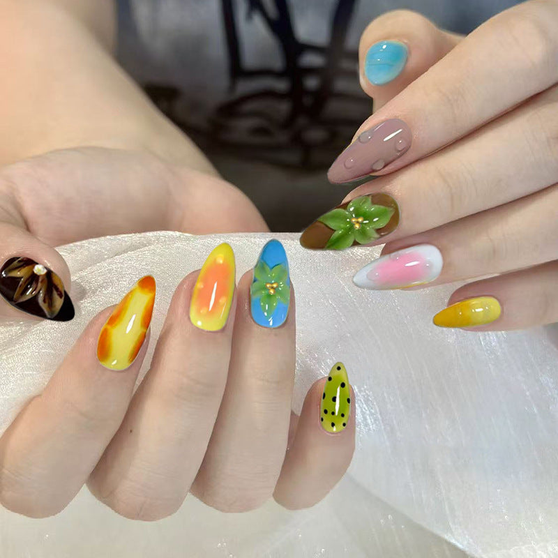 Tropical Vibes Medium Almond Multicolor with Floral Accents Press On Nail Set