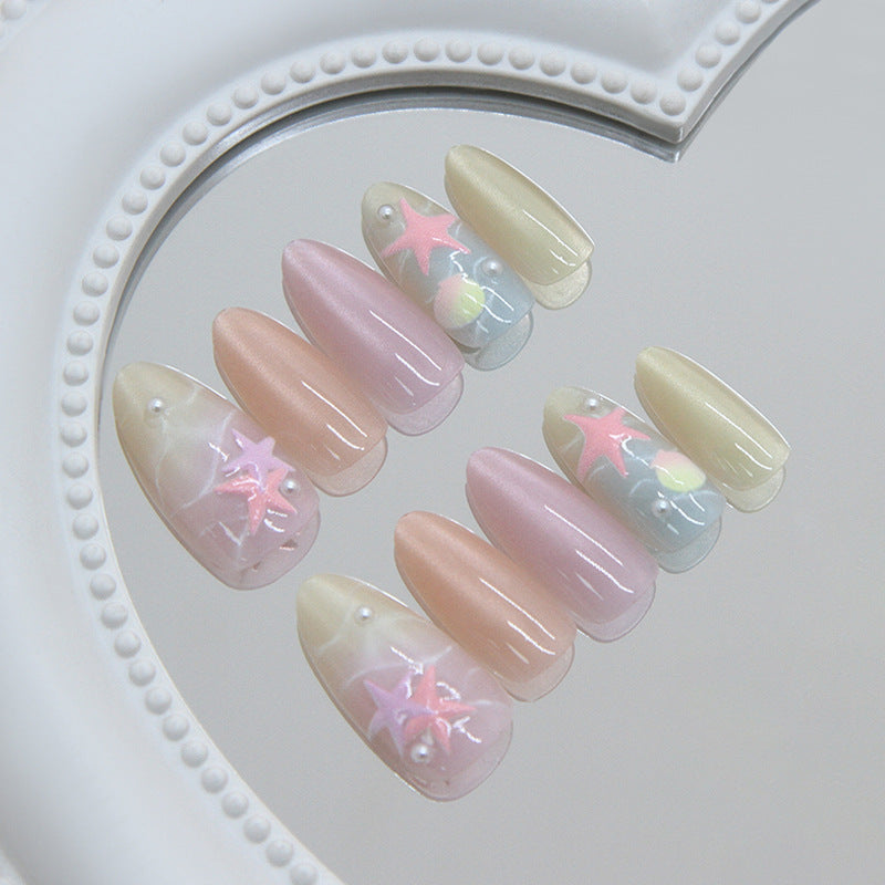 Ocean Breeze Medium Almond Pastel Press on Nail Set with Starfish Design