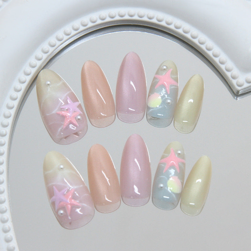 Coastal Dream Medium Almond Pastel Nail Set with Starfish Design