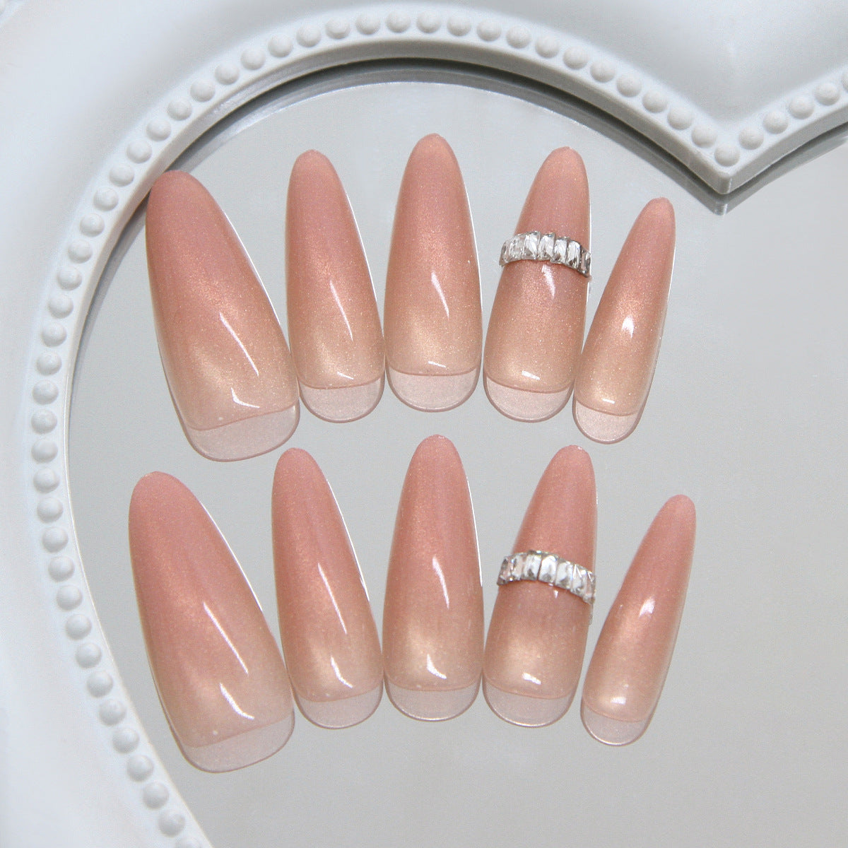 Glamorous Spring Blossom Long Almond Pink Ombre Press On Nail Set with Rhinestone Accents