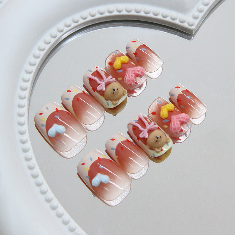 Whimsical Sweet Treat Short Square Pink Frosted Nail Set with Cute Character Accents