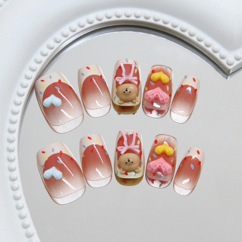 Sweet Treats Short Square Pastel Ombre with Cute 3D Bear Design Nail Set