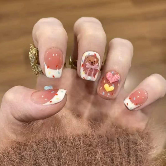 Whimsical Sweetheart Short Square Pastel Colors with Adorable Decorations Nail Set