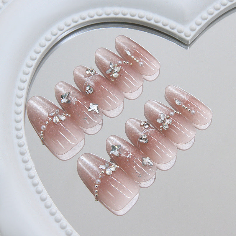 Enchanted Elegance Medium Almond Pink with Sparkling Gem Accents Press on Nail Set