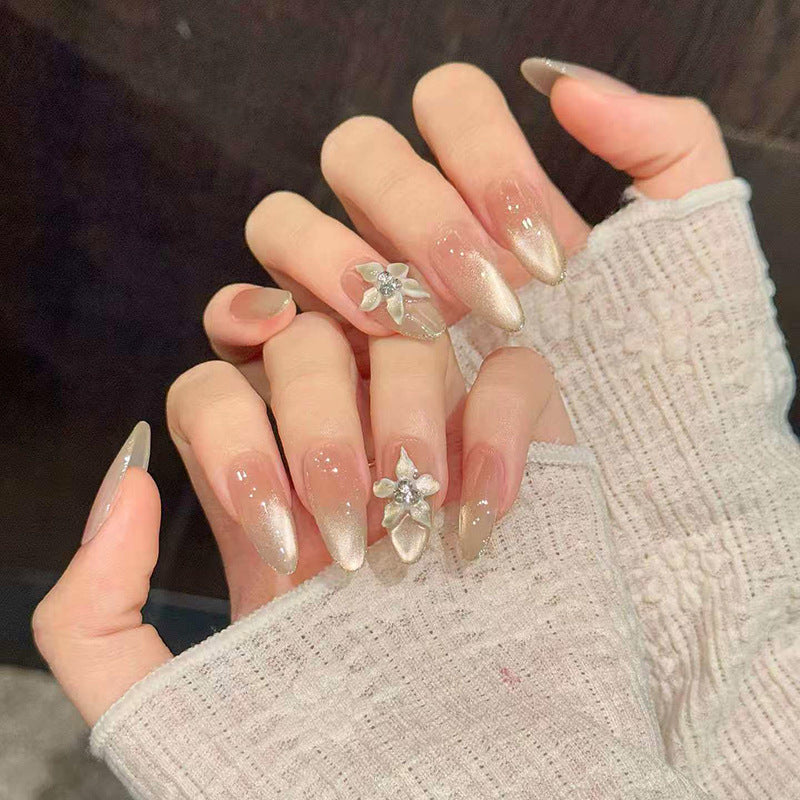 Whimsical Blossom Medium Almond Champagne Glitter Press On Nail Set
